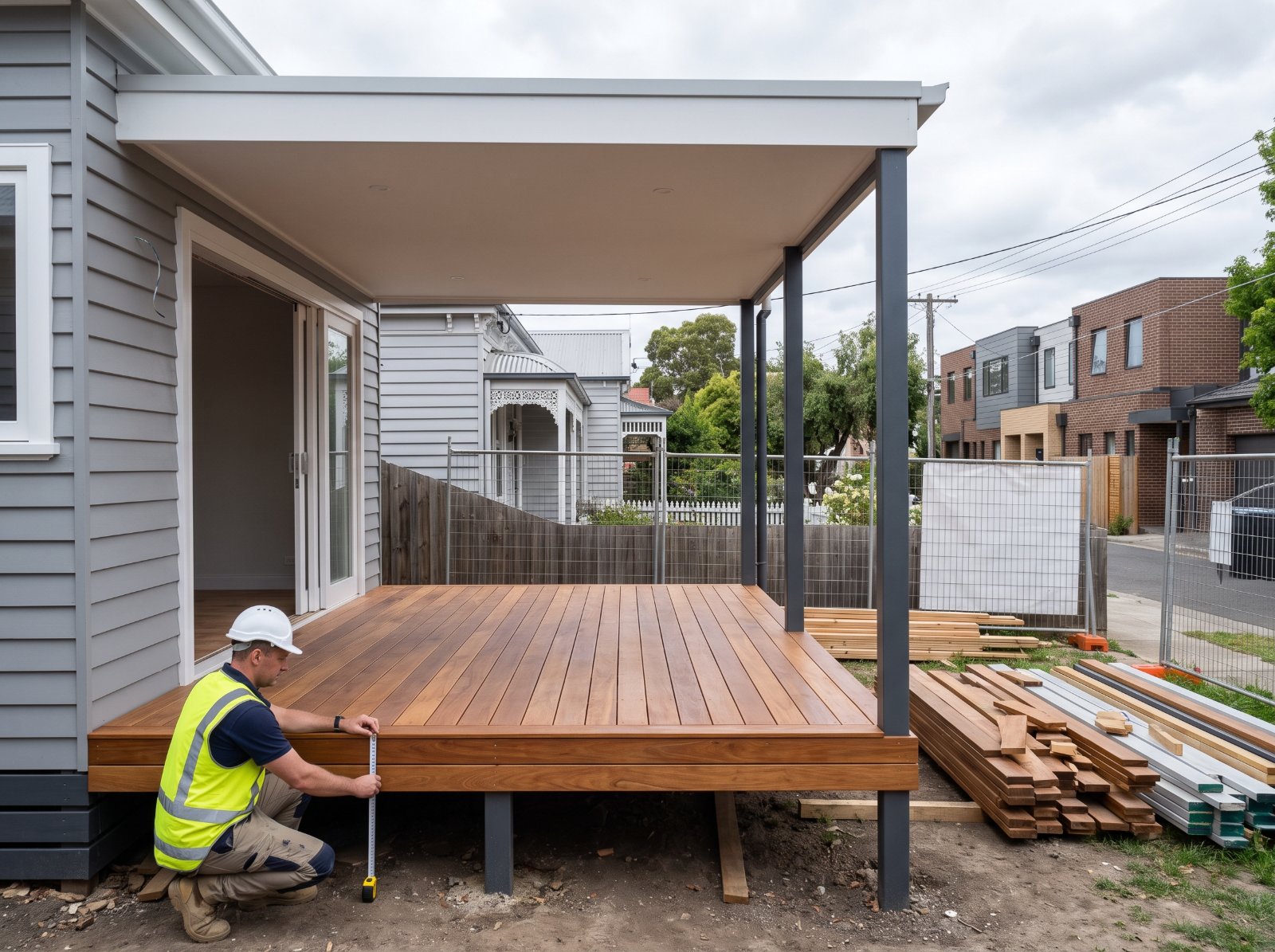 A new timber deck and verandah at the back of a weatherboard home
