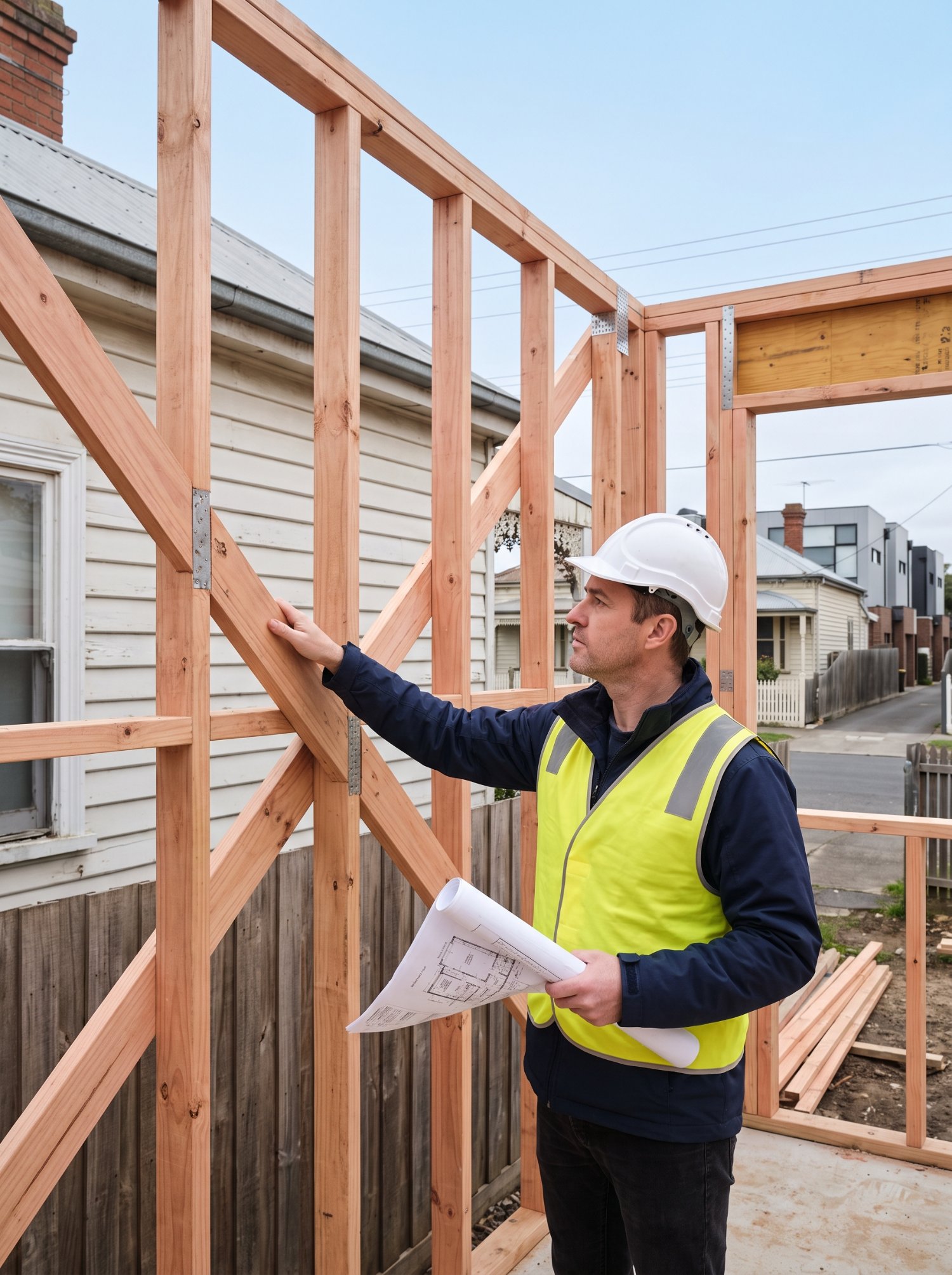 A building surveyor checking the timber frame of a house extension against the plans